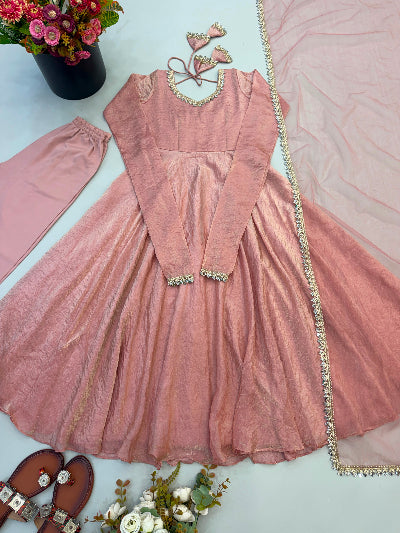Blush Pink Crush Silk Mirror Work Gown Suit | Women&