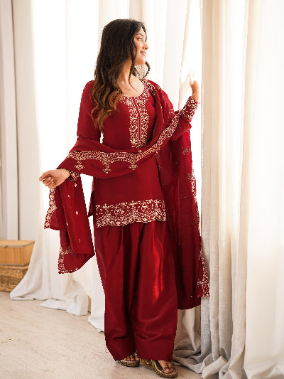 Designer Red Embroidered Farshi Suit Set