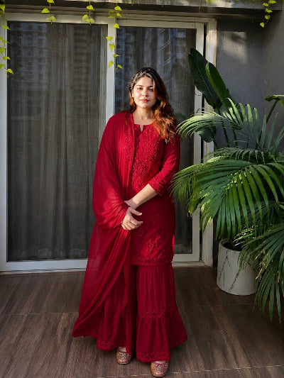 Red Chikankari Rayon Sharara Suit Set