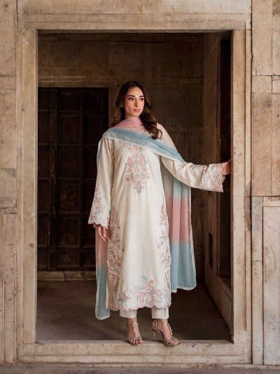 Designer Satin Rayon Straight Suit with Embroidered Cutwork &amp; Shaded Dupatta