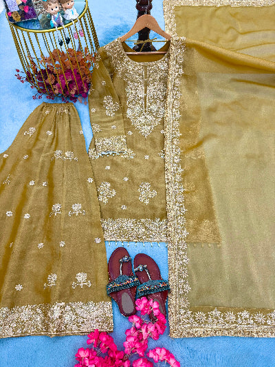 Gold Embroidered Silk Wedding Sharara Palazzo Suit Set for Women UK