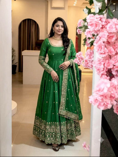 Emerald Green Crunchy Silk Embroidery Anarkali Suit Set