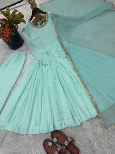 Soft Mint Green Designer Lace Work Anarkali Suit