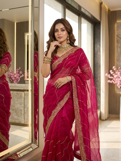Alaya Hot Pink Tissue Silk Pre-pleated Ready to Wear Saree with Stitched Blouse