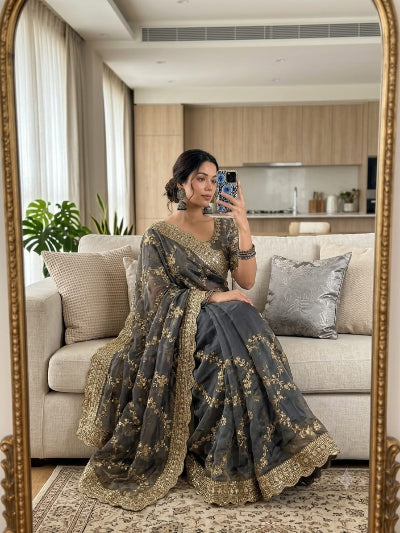 Taupe Gold Embroidered Ready to Wear Saree with Free Stitched Blouse