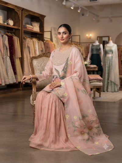 Dusty Peach Soft Organza Embroidery Work Ethnic Sharara Suit for Women