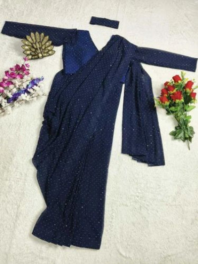 Deep Blue Georgette Embellished Ready to wear Saree with Blouse UK Next Day
