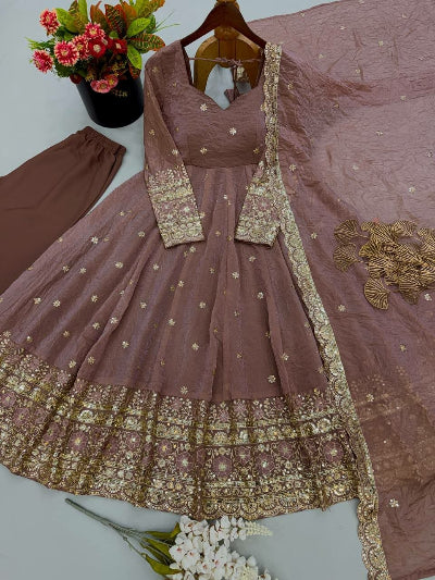Dusty Mauve Gold Embroidered Anarkali Gown Suit Set