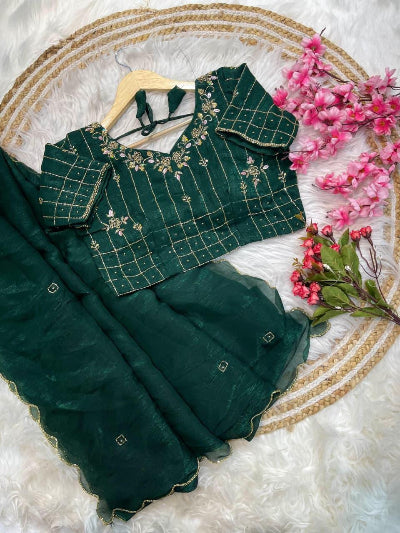 Bottle Green Ready to Wear Saree with Handwork Stitched Blouse