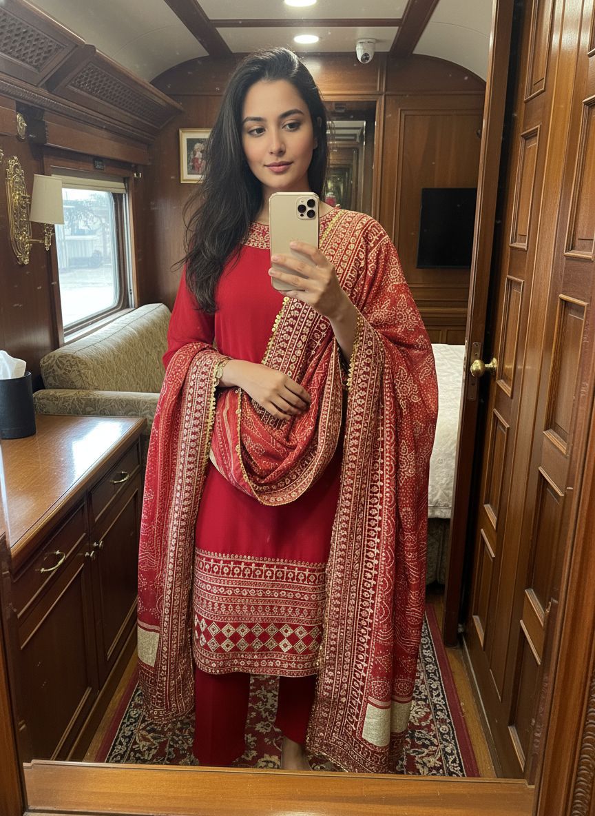 Red Georgette Full Embroidery Straight Suit