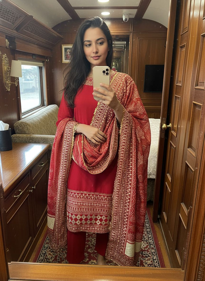 Red Georgette Full Embroidery Straight Suit