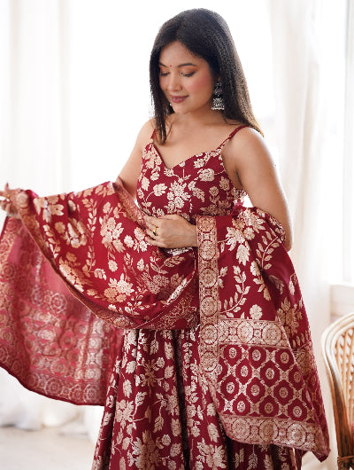 Deep Red Banarasi Gold Jacquard Sleeveless Anarkali Suit Set UK Next Day