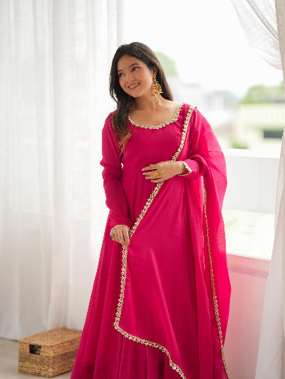 Rani Pink Embroidered Chanderi Anarkali Suit with Mirror Lace