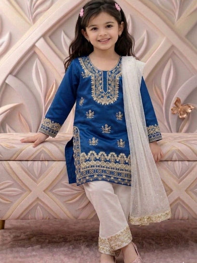 Teal Blue Kids Designer Fendi Silk Suit Set