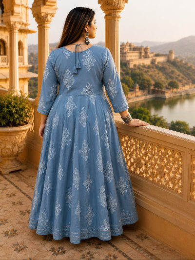 Plus Size Women Powder Blue Cotton Anarkali Dupatta Set of 2