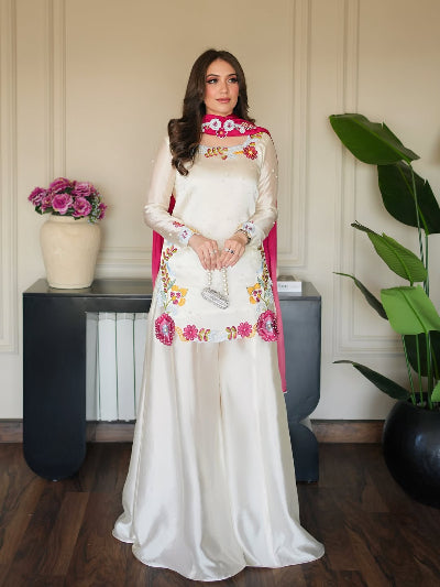 Ivory Floral Embroidered Sharara Palazzo Suit with Pink Dupatta
