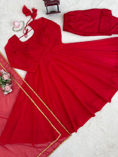 Red Anarkali Suit Set with Lace Dupatta
