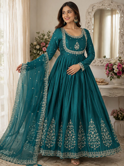 Turquoise Blue Embroidery Work Anarkali Suit UK Next Day