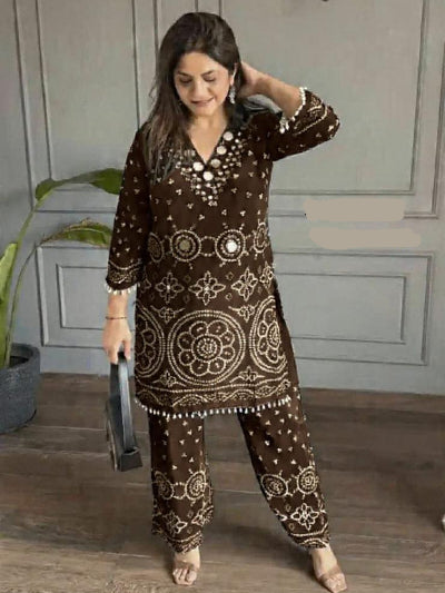 Designer Bandhani Chinon Silk Coord Set with Mirror Work