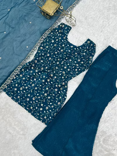 Teal Blue Crunchy Silk Kurta Bell Bottom Pant &amp; Dupatta