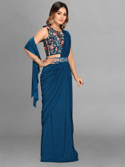 1 Min Blue Embroidered Ready to Wear Saree with Stitched Blouse