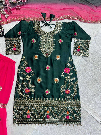 Bottle Green &amp; Pink Embroidered Silk Gharara Suit UK Next Day