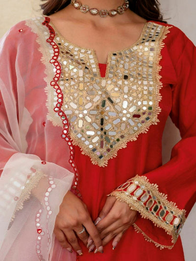 Red Mirror Work Silk Farshi Suit with Organza Dupatta