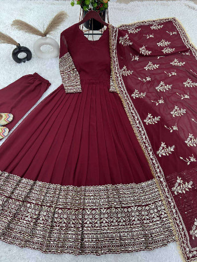 Maroon Georgette Anarkali Gown Set with Full Embroidery Sequence UK Next Day