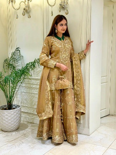 Gold Embroidered Silk Wedding Sharara Palazzo Suit Set for Women UK