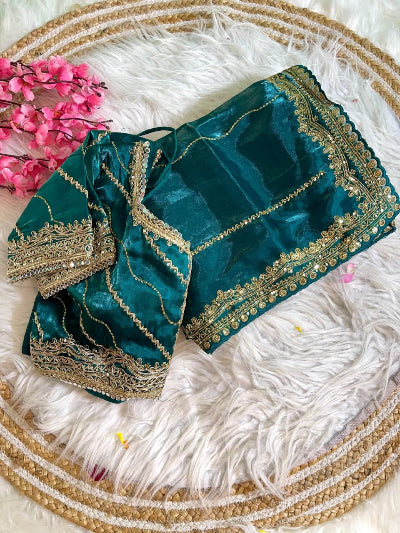 Alaya Teal Tissue Silk Pre-pleated Ready to Wear Saree with Stitched Blouse