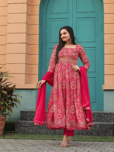 Orange Pink Georgette Anarkali Suit Set UK Next Day