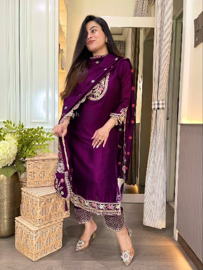 Purple Chinon Silk Embroidered Straight Suit Set