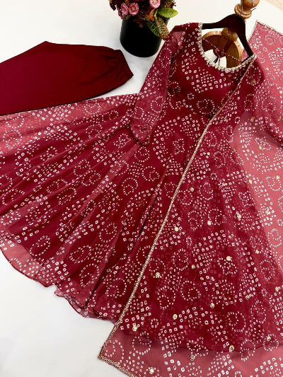 Classic Maroon Georgette Bandhani Anarkali Suit for Women