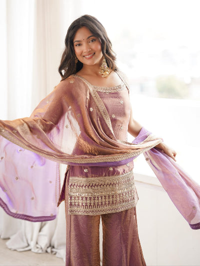 Blush Pink Silk Sleeveless Kurta Bell Bottom Pant &amp; Dupatta