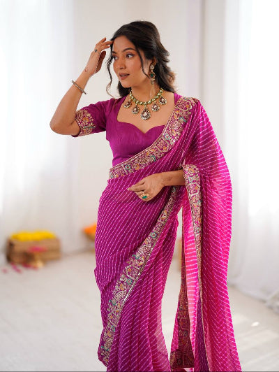 Pink Leheriya Georgette Pre-pleated Saree with Free Stitched Blouse