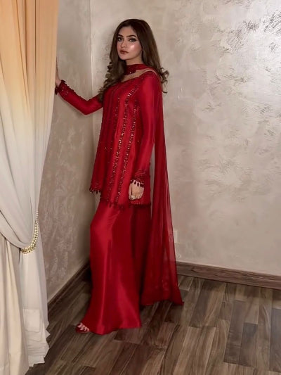 Red Beads Work Partywear Palazzo Suit Set