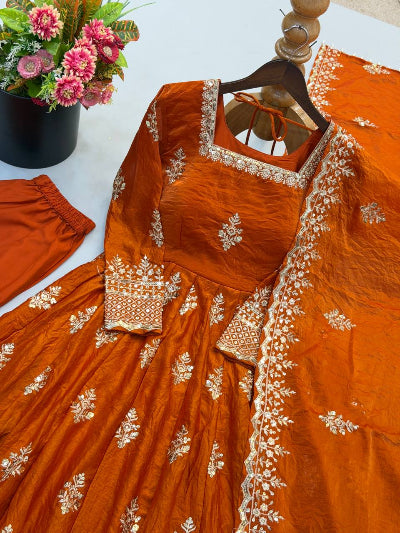 Orange Silk Designer Gown Suit with Embroidered Dupatta