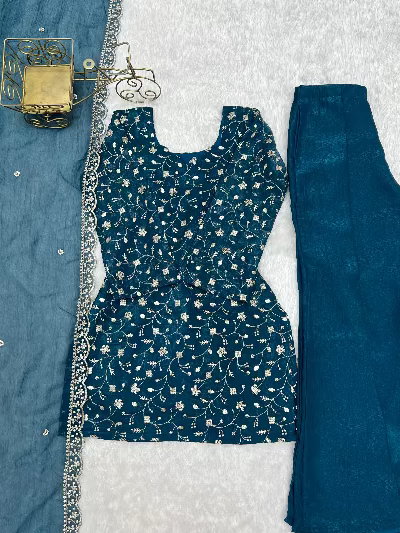 Teal Blue Crunchy Silk Kurta Bell Bottom Pant &amp; Dupatta