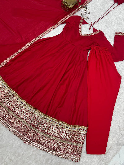 Red Embroidery Work Anarkali Gown Suit Set | Karwa Chauth Special