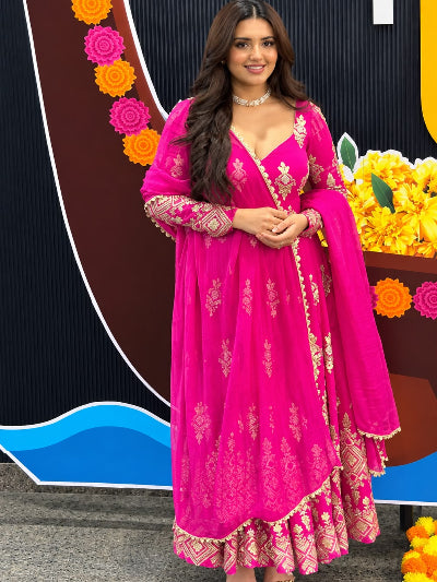 Hot Pink Embroidered Georgette Anarkali Gown Dupatta Pant Set