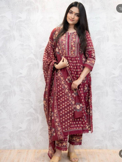 Brick Red Cotton A-Line Anarkali Suit | South Asian Ethnic Wear Uk