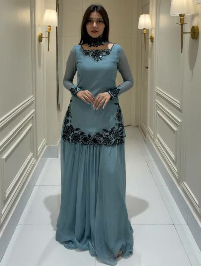 Powder Blue Georgette Beaded Embroidered Sharara Suit Set