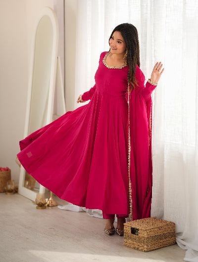 Rani Pink Embroidered Chanderi Anarkali Suit with Mirror Lace