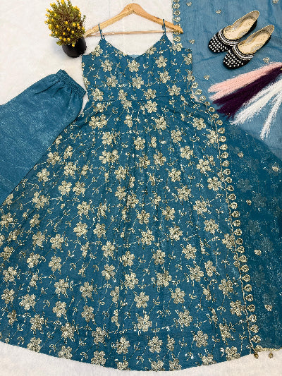 Blue Sleeveless Crush Silk Embroidered Anarkali Suit