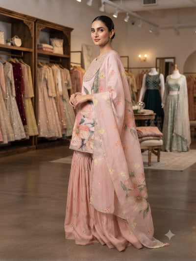Dusty Peach Soft Organza Embroidery Work Ethnic Sharara Suit for Women