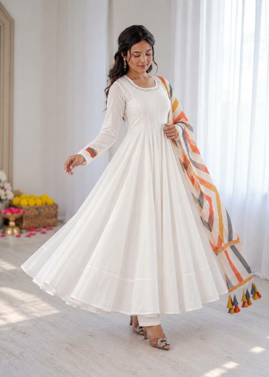 White Embroidered Mal Cotton Anarkali Suit with Multicolour Dupatta