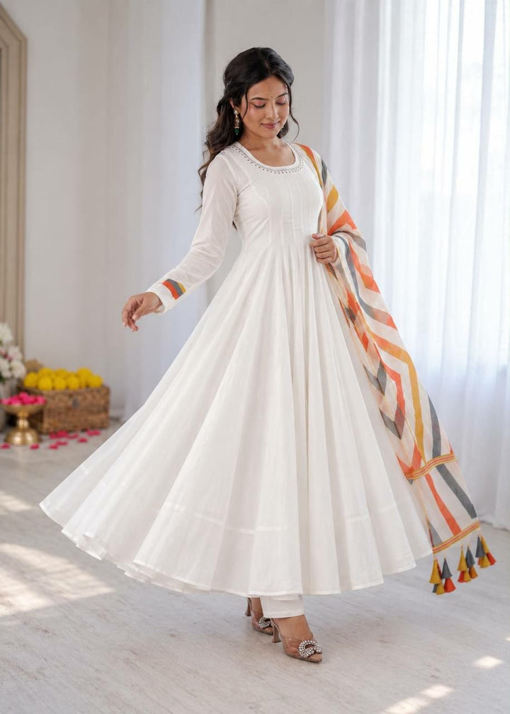 White Embroidered Mal Cotton Anarkali Suit with Multicolour Dupatta