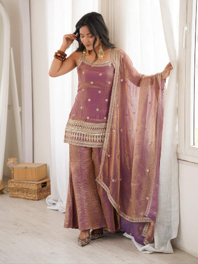 Blush Pink Silk Sleeveless Kurta Bell Bottom Pant &amp; Dupatta