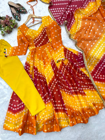 Yellow Bandhani Organza Flair Anarkali Suit