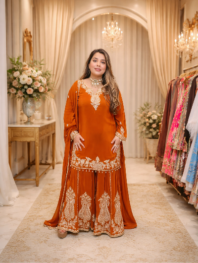 Orange Intricate Sequence Work Sharara Palazzo Suit